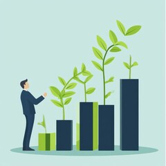 Poster - Business Growth Concept: Man and Plant Metaphor for Success with Ascending Bar Chart.