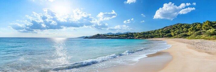 Fototapete - Serene coastal view with gentle waves and clear blue sky on a sunny day at the beach. Generative AI