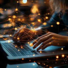 Aufkleber - Conceptual Connection: Woman Using Laptop with Digital Network Overlay for Data Analysis and Global Communication.