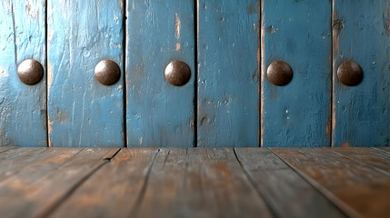 Rustic blue wooden wall background, aged wood floor, product display