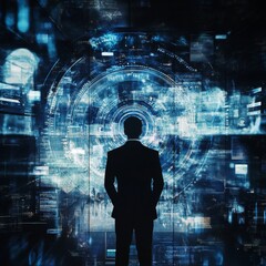 Leinwandbilder - Navigating Tomorrow: Silhouette of a Business Leader Against a Digital Vortex of Information and Future Technology