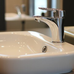 Aufkleber - Sleek Chrome Faucet and White Sink: A Modern Bathroom Fixture with Clean Lines and Polished Surfaces in Elegant Design.