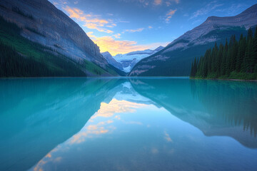 Mountain lake reflects sky and evergreens during twilight in a tranquil natural setting