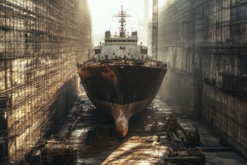 Wall Mural - Large Ship Under Construction in Industrial Shipyard Environment