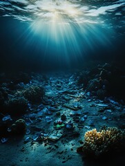 Aufkleber - Underwater view of decaying coral and plastic pollution illuminated by dim light rays. Generative AI