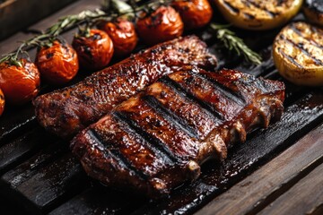 Aufkleber - Grilled ribs with tomatoes and lemon on a wooden board ready for serving at a summer barbecue party. Generative AI