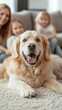 © liliyabatyrova - A joyful family cherishes precious time together as their golden retriever lays contentedly on a soft rug, surrounded by laughter and warmth in the airy living room