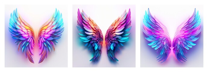 Poster - Vibrant collection of three isolated fantasy wings. Colorful plumage in shades of blue, purple, pink, and orange. Digital art style, ethereal and decorative.