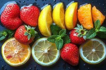 Wall Mural - Colorful Array of Strawberries Lemons Oranges and Mint Leaves on Dark Textured Surface Creates a Refreshing and Nutritious Still Life