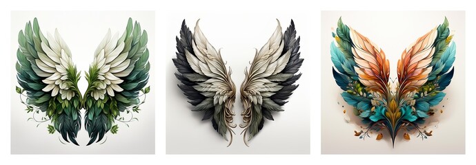 Poster - Isolated set of three uniquely colored and styled wings, displayed against a clean white backdrop. A decorative and varied collection of avian-inspired elements.