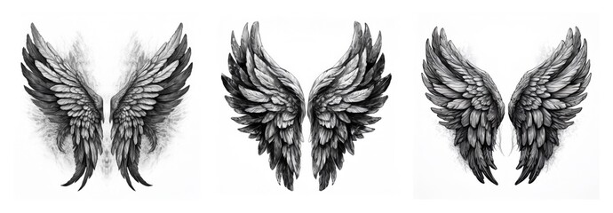 Poster - Isolated collection featuring three pairs of detailed wings, varying in feather density and style, all set against a clean, white backdrop.