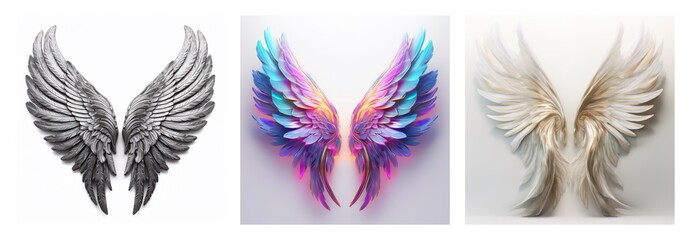 Poster - Isolated collection of three pairs of wings, showcasing diverse styles. Includes monochrome, vibrant, and golden wings, presented separately.