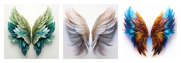 Poster - Isolated collection of three pairs of feathered wings, each with unique colors and styles, presented on a clean white backdrop.