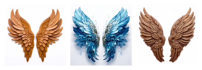 Poster - A collection of three pairs of ornate wings, isolated against a white backdrop. The wings display different colors and textures.