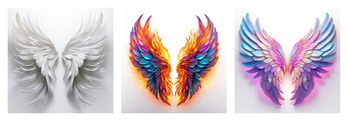 Poster - Isolated collection of three pairs of wings, showcasing white feathers, vibrant fire hues, and colorful iridescent tones.