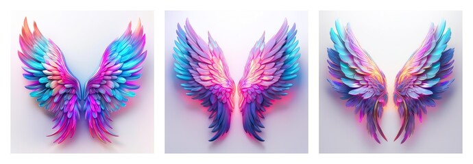 Poster - Isolated collection of three pairs of vibrant wings. Colorful hues in each pair create a bright, artistic display on a white background.