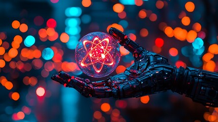 Poster - Futuristic hand holding glowing atom against bokeh lights background, representing artificial intelligence
