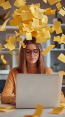 Aufkleber - Woman sits at a desk with a laptop, surrounded by a chaotic flurry of yellow sticky notes. The scene captures the stress and pressure of managing multiple tasks and deadlines