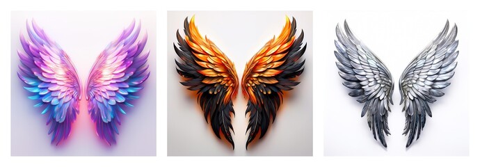 Poster - Isolated collection of three fantasy wings. Assorted styles and colors: purple, orange, silver. Beautiful angel and bird wings on white.
