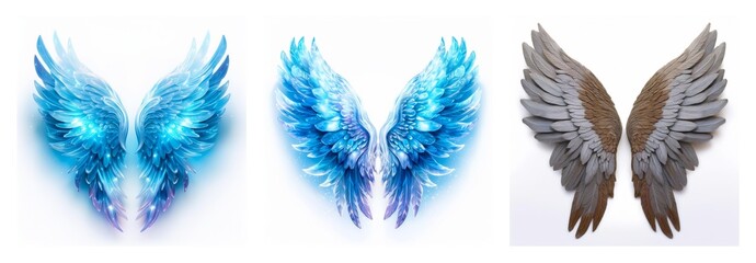 Poster - Isolated collection of three pairs of wings. Featuring diverse styles, from ethereal blue to realistic avian plumage, all isolated.