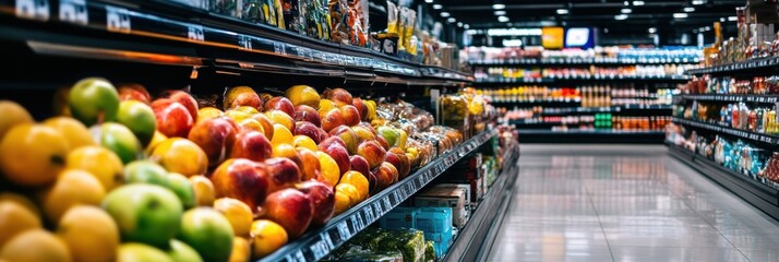 Aufkleber - Colorful produce displayed on shelves in a grocery store showcasing a variety of fruits and vegetables during shopping hours. Generative AI