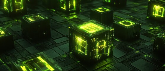 Poster - Futuristic green glowing cubes on a dark digital landscape, showcasing advanced technology and innovation in a virtual environment