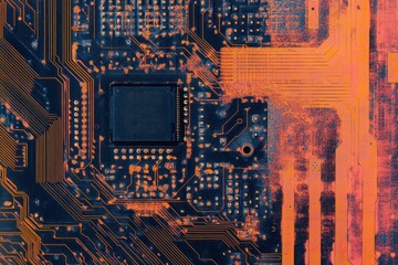 Poster - Close-up view of a vibrant circuit board showcasing intricate patterns and connections, highlighting technology's complexity