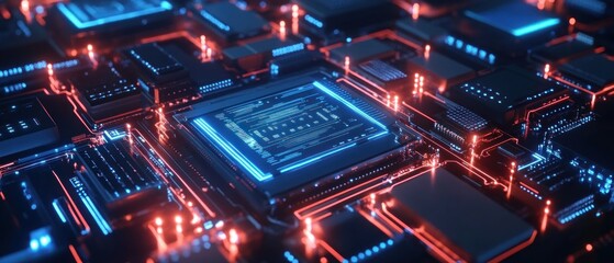 Poster - A vibrant close-up of a futuristic circuit board with glowing blue and red lights, showcasing advanced technology in a digital environment