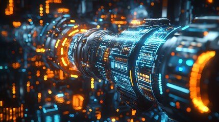 Poster - Futuristic technology tunnel, glowing pipes, complex structures, possible use for science fiction backgrounds