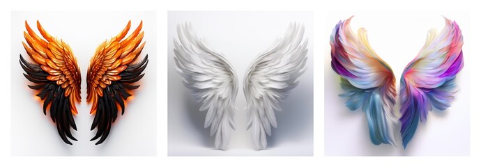 Poster - Isolated collection of three pairs of wings on a white backdrop. Features orange and black, pure white, and vibrant multicolored wings.
