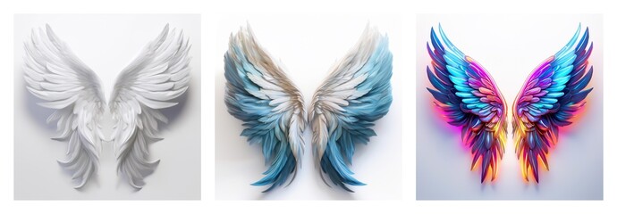 Poster - Isolated collection of three pairs of wings in different styles and colors. White, blue, and multicolored feathered wings are presented on white.