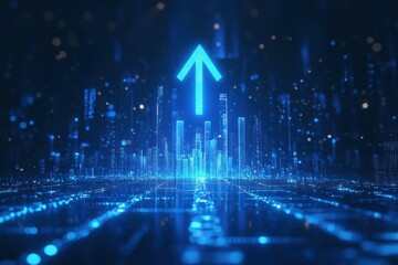 Poster - Futuristic cityscape with glowing arrow and skyline