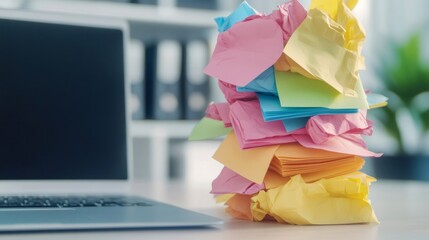 Aufkleber - Chaotic stack of colorful sticky notes piled high beside a laptop symbolizes multitasking and stress in a busy work environment. Represents time management challenges and looming deadlines