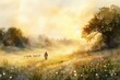 © julija - a serene meadow at sunrise, where a gentle shepherd tends to his flock, painted in soft watercolors with golden light filtering through morning mist