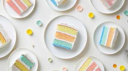 Wall Mural - Colorful Rainbow Cake Slices on White Plates, for Celebration Birthday and Dessert Design, top view, copy space