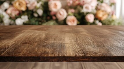 Poster - Sitting in a tranquil indoor space, the empty wooden table showcases its rustic charm, while soft hues of blurred florals add a touch of elegance, evoking a peaceful atmosphere