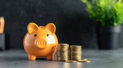Poster - Bright orange piggy bank beside stacks of coins on a sleek surface, showcasing savings and financial growth concepts in a modern setting