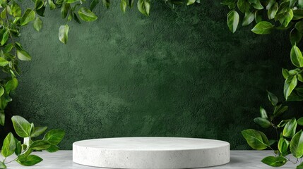 Poster - fresh green leafy background with round gray pedestal for creative display and natural advertising c