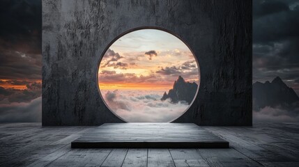 Poster - Ethereal Circular Opening View Surrounded by Abstract Dark Clouds and Majestic Mountains at Twilight with Serene Cloudscape Below