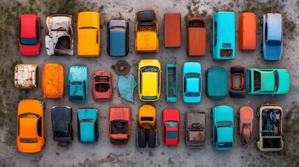 Row of old cars are parked in a lot. Minimalistic background.