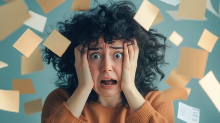 Aufkleber - Stressed woman holds her head in frustration, surrounded by flying papers and sticky notes, representing multitasking, time management challenges, and work related chaos