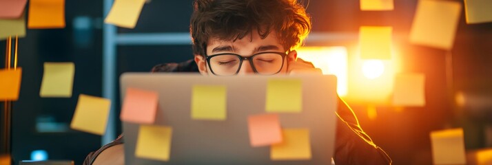 Aufkleber - Office worker struggles with multitasking and time management. Surrounded by sticky notes, he shows stress and chaos while working against a deadline in a dimly lit office