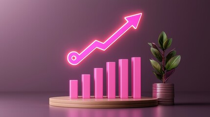 Poster - Modern 3D visualization of growth with neon pink graph and plant on wooden base depicting financial success and positive trends in business performance