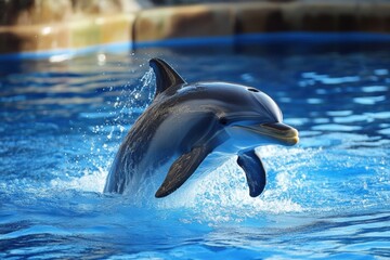 Poster - Dolphin jumps gracefully in clear blue water during daylight at an aquatic park. Generative AI
