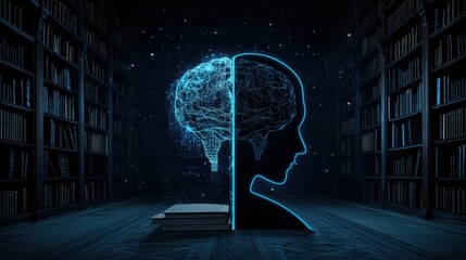 Poster - Glowing Brain Outline and Human Silhouette Against a Bookshelf Background Representing Knowledge and Intelligence in a Digital Realm