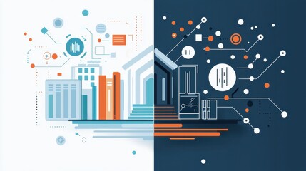 Poster - Abstract illustration depicting the contrast between technology and architecture, showcasing modern buildings, circuits, and data visualization elements