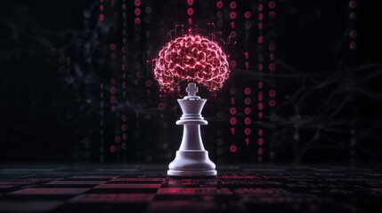 Poster - Futuristic Concept of Chess King Surrounded by Abstract Digital Brain Imagery and Binary Code in a Dark, Mysterious Environment