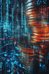 Poster - Digital coins stacked amidst futuristic cityscape