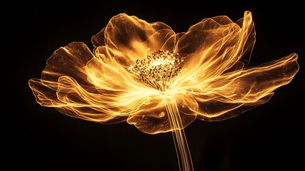 Poster - Glowing golden flower, dark background, nature art, design element