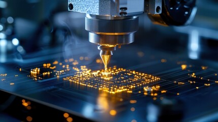Poster - High-tech close-up of a precision dispensing system applying liquid materials on a circuit board in a modern electronics manufacturing facility